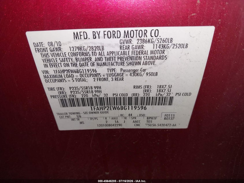 2011 Ford Taurus Sel VIN: 1FAHP2EW6BG119596 Lot: 45646205