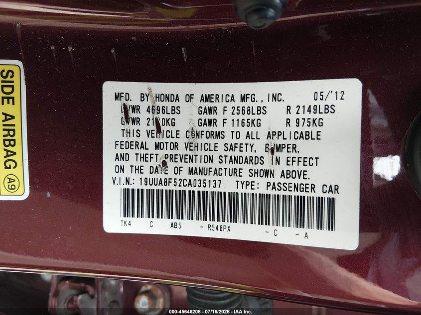 2012 Acura Tl 3.5 VIN: 19UUA8F52CA035137 Lot: 45646206