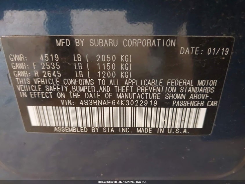 2019 Subaru Legacy 2.5I Premium VIN: 4S3BNAF64K3022919 Lot: 45646208