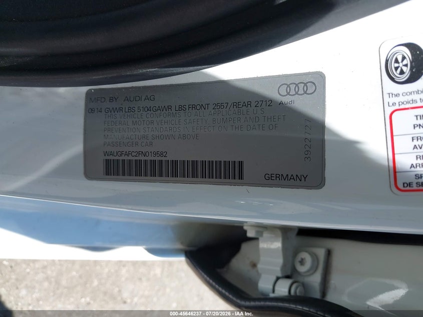 2015 Audi A6 2.0T Premium VIN: WAUGFAFC2FN019582 Lot: 45646237