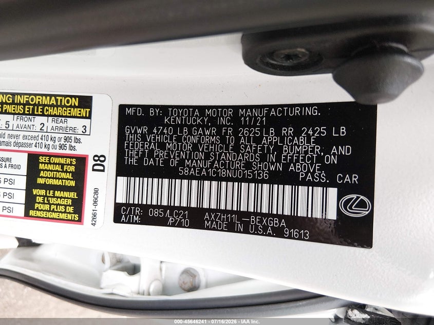 2022 Lexus Es 300H Luxury VIN: 58AEA1C18NU015136 Lot: 45646241