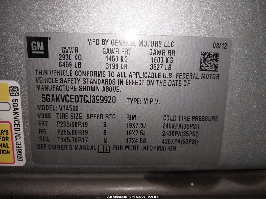 2012 Buick Enclave Leather VIN: 5GAKVCED7CJ399920 Lot: 45646246