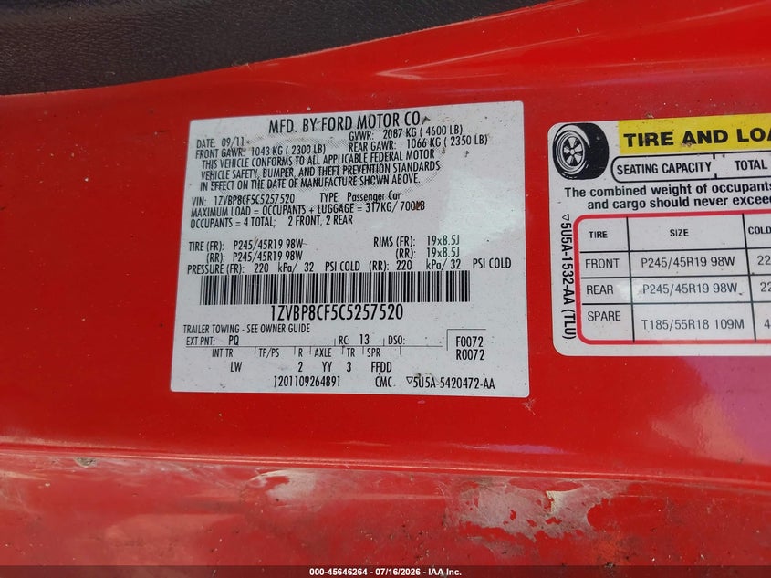 2012 Ford Mustang Gt Premium VIN: 1ZVBP8CF5C5257520 Lot: 45646264