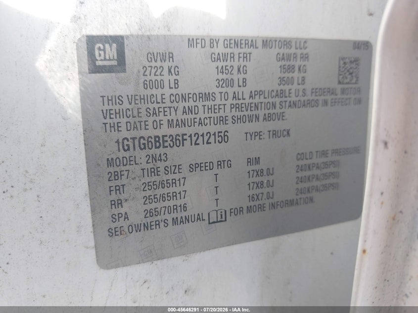 2015 GMC Canyon 4Wd Sle VIN: 1GTG6BE36F1212156 Lot: 45646291