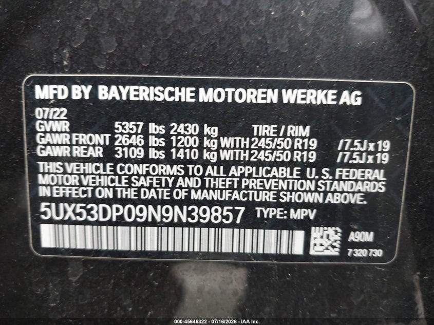 2022 BMW X3 xDrive30I VIN: 5UX53DP09N9N39857 Lot: 45646322