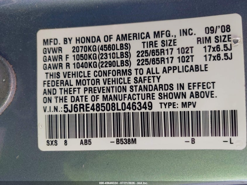 2008 Honda Cr-V Ex VIN: 5J6RE48508L046349 Lot: 45646324