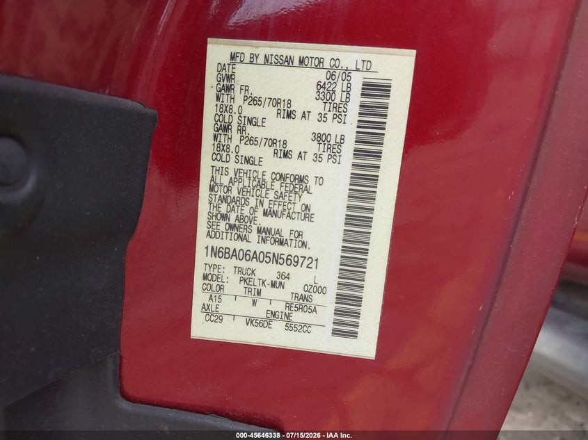 2005 Nissan Titan Se VIN: 1N6BA06A05N569721 Lot: 45646338