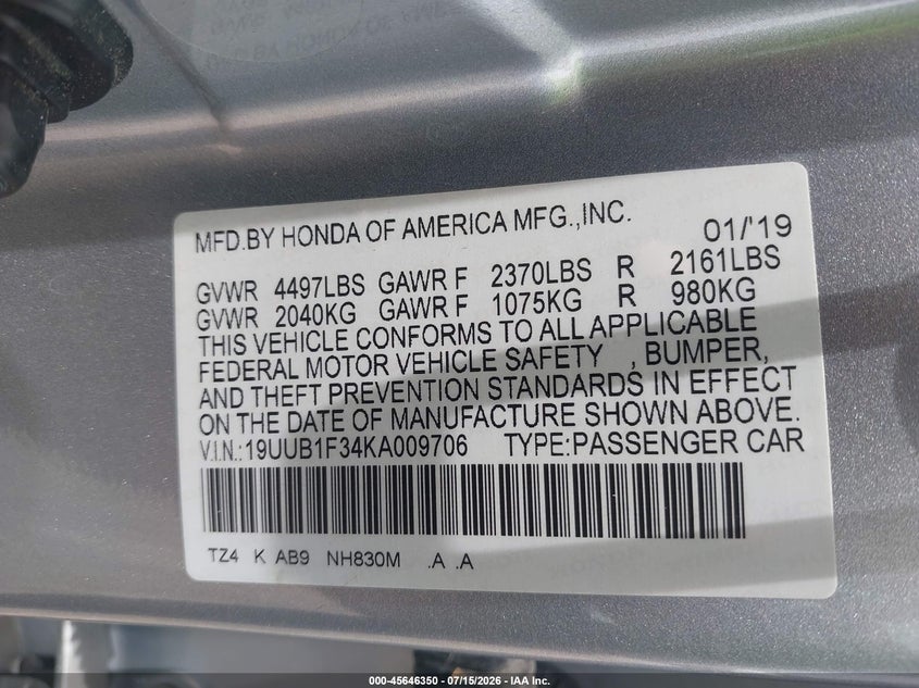 2019 Acura Tlx Standard VIN: 19UUB1F34KA009706 Lot: 45646350