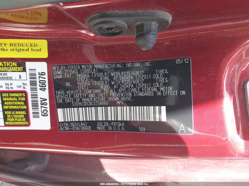 2012 TOYOTA SIENNA VAN 3.5L V-6 DOHC, VVT, 266HP