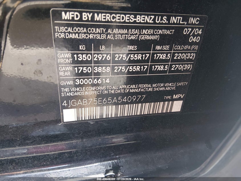 2005 Mercedes-Benz Ml 500 4Matic VIN: 4JGAB75E65A540977 Lot: 45646359