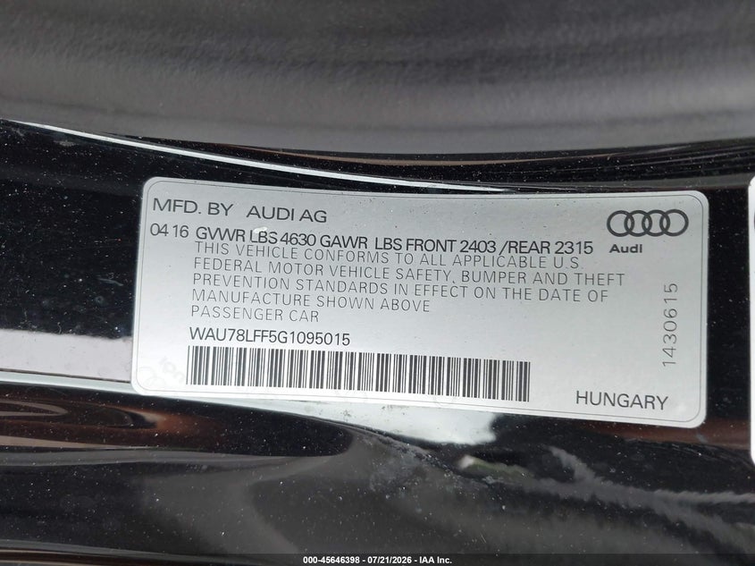 2016 Audi A3 2.0T Premium VIN: WAU78LFF5G1095015 Lot: 45646398