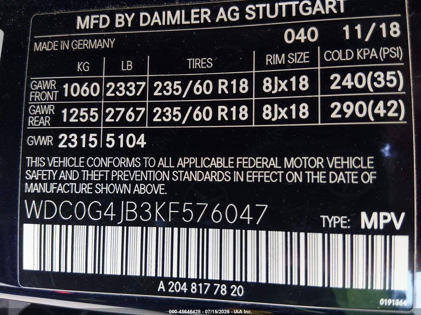 2019 Mercedes-Benz Glc 300 VIN: WDC0G4JB3KF576047 Lot: 45646428