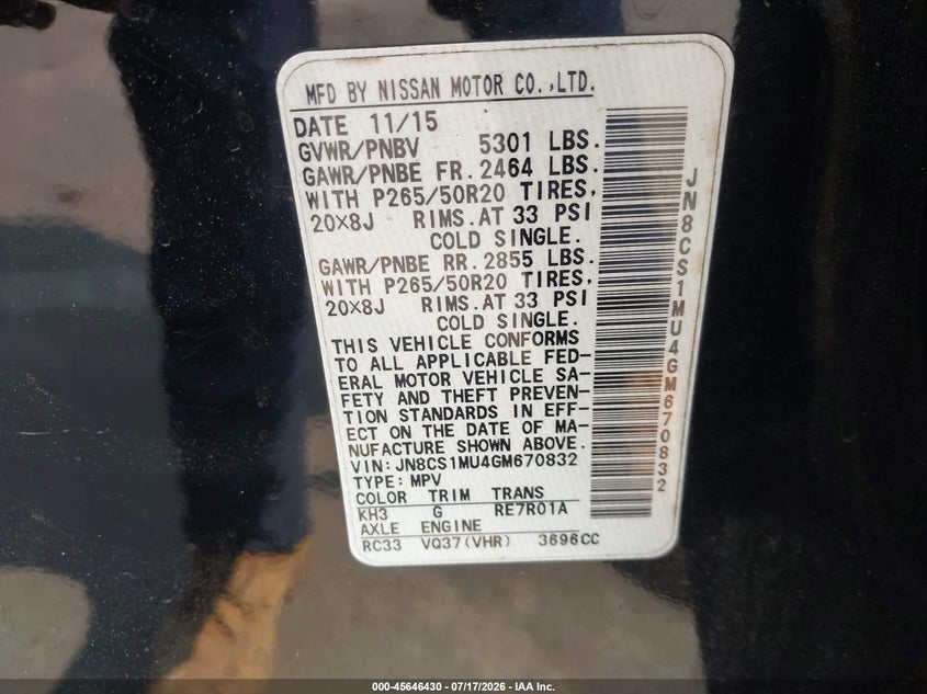 2016 Infiniti Qx70 VIN: JN8CS1MU4GM670832 Lot: 45646430