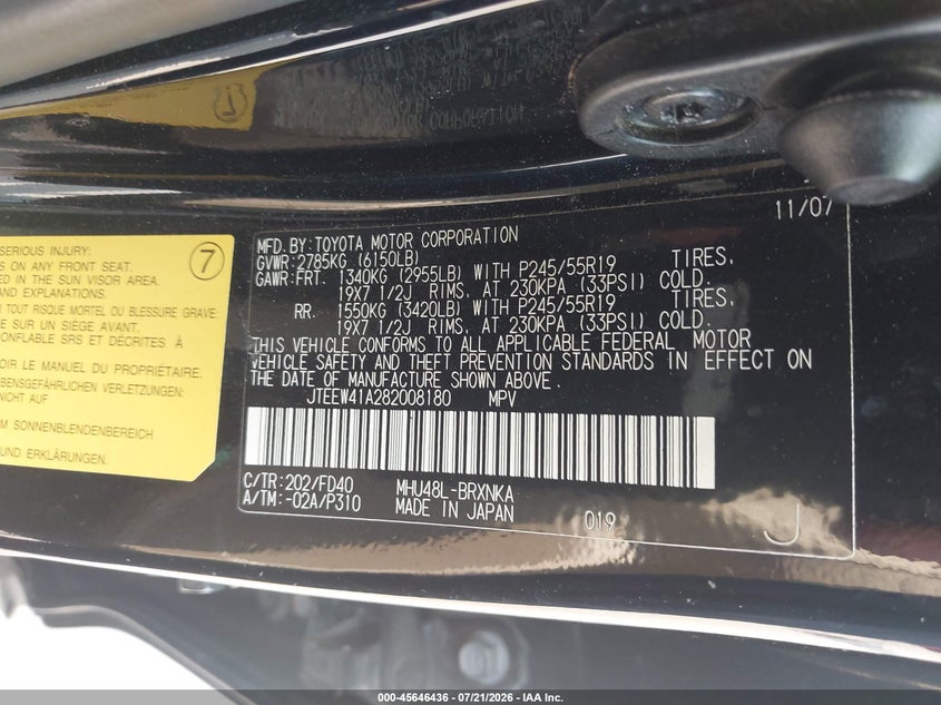 2008 Toyota Highlander Hybrid VIN: JTEEW41A282008180 Lot: 45646436