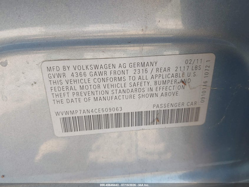 2012 Volkswagen Cc Sport VIN: WVWMP7AN4CE509063 Lot: 45646443