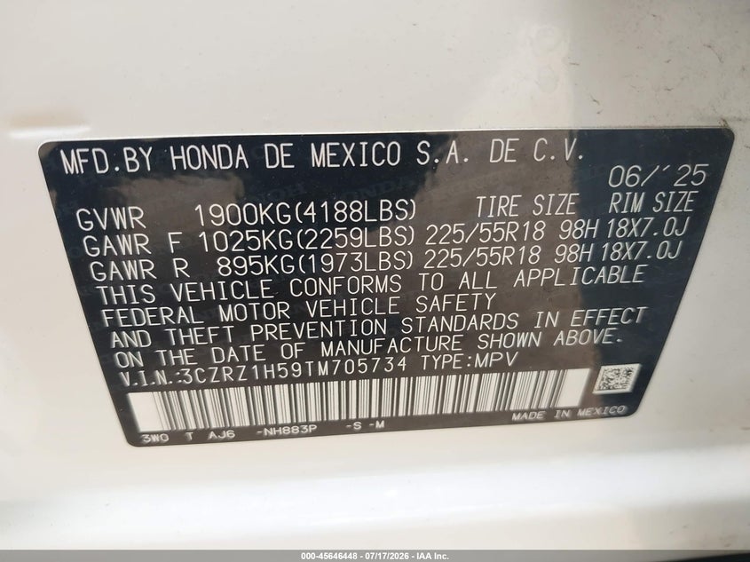 2026 Honda Hr-V 2Wd Sport VIN: 3CZRZ1H59TM705734 Lot: 45646448