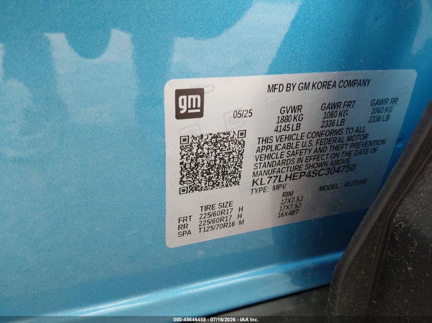CHEVROLET TRAX 2025 VIN KL77LHEP4SC304750