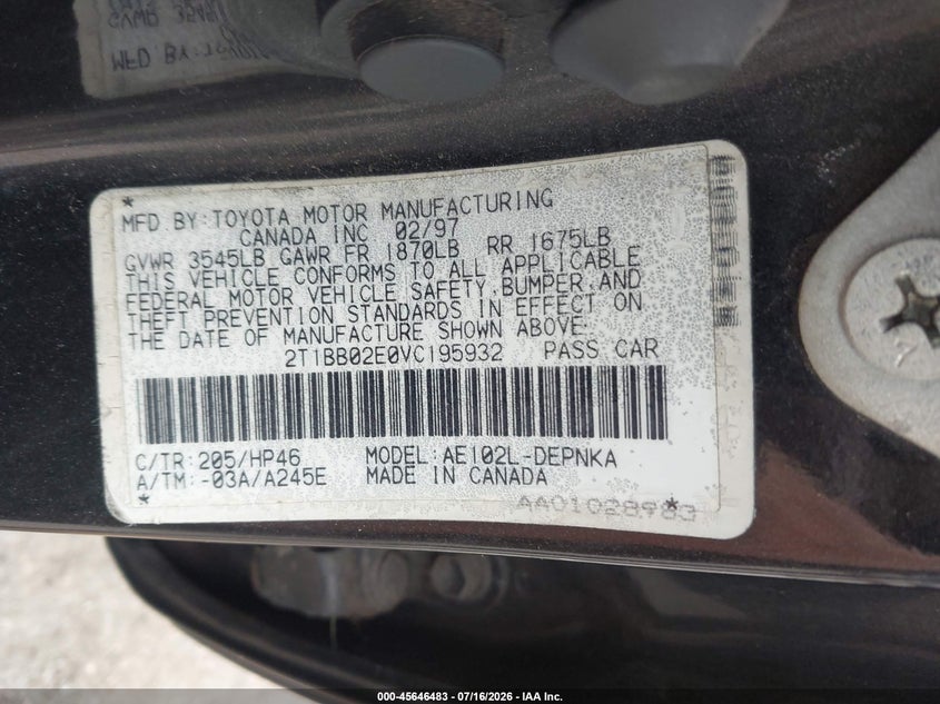 1997 Toyota Corolla Dx VIN: 2T1BB02E0VC195932 Lot: 45646483