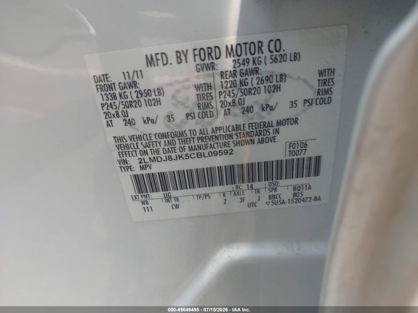 2012 Lincoln Mkx VIN: 2LMDJ8JK5CBL09592 Lot: 45646495