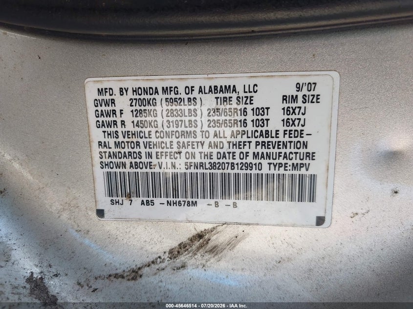 2007 Honda Odyssey Lx VIN: 5FNRL38207B129910 Lot: 45646514