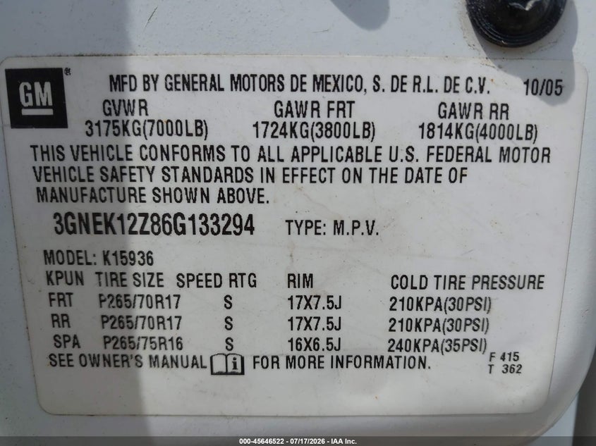 2006 Chevrolet Avalanche 1500 Lt VIN: 3GNEK12Z86G133294 Lot: 45646522