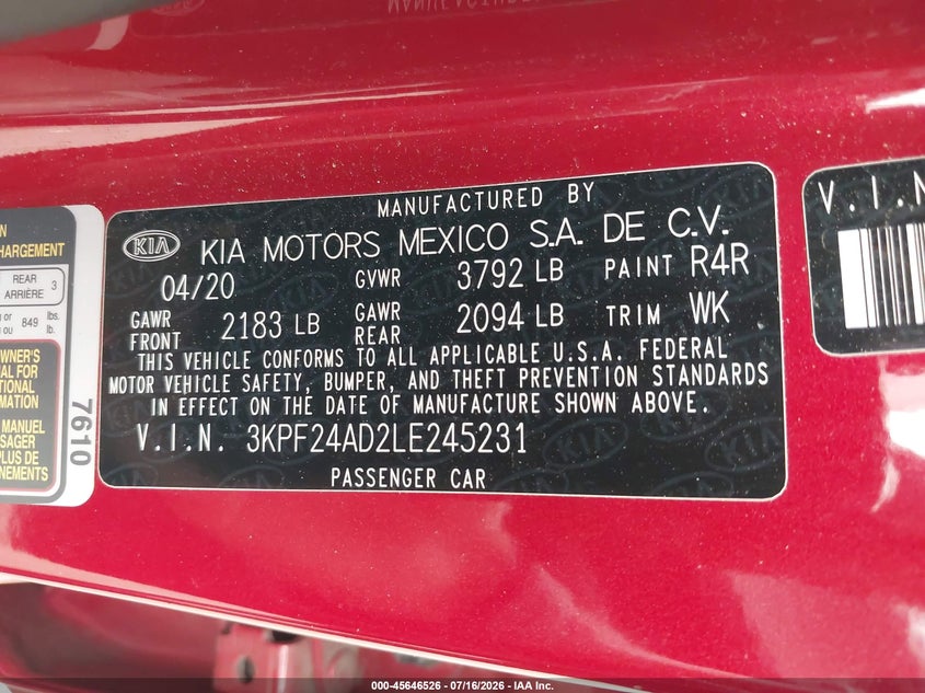 2020 KIA FORTE SEDAN 2.0L I-4 DOHC, VVT, 147HP
