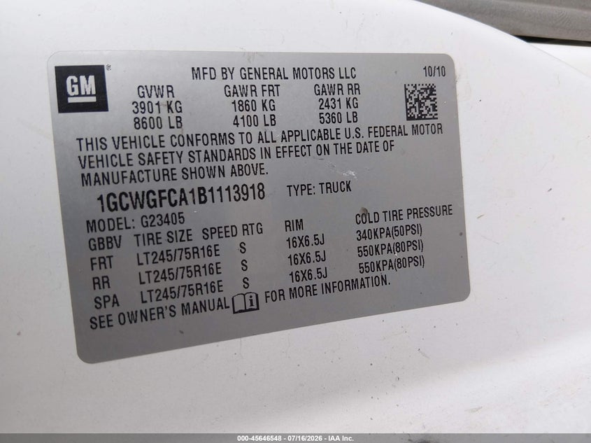 2011 Chevrolet Express 2500 Work Van VIN: 1GCWGFCA1B1113918 Lot: 45646548