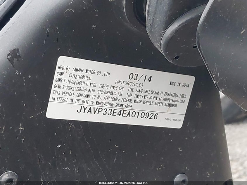2014 Yamaha Xvs1300 Cu VIN: JYAVP33E4EA010926 Lot: 45646571