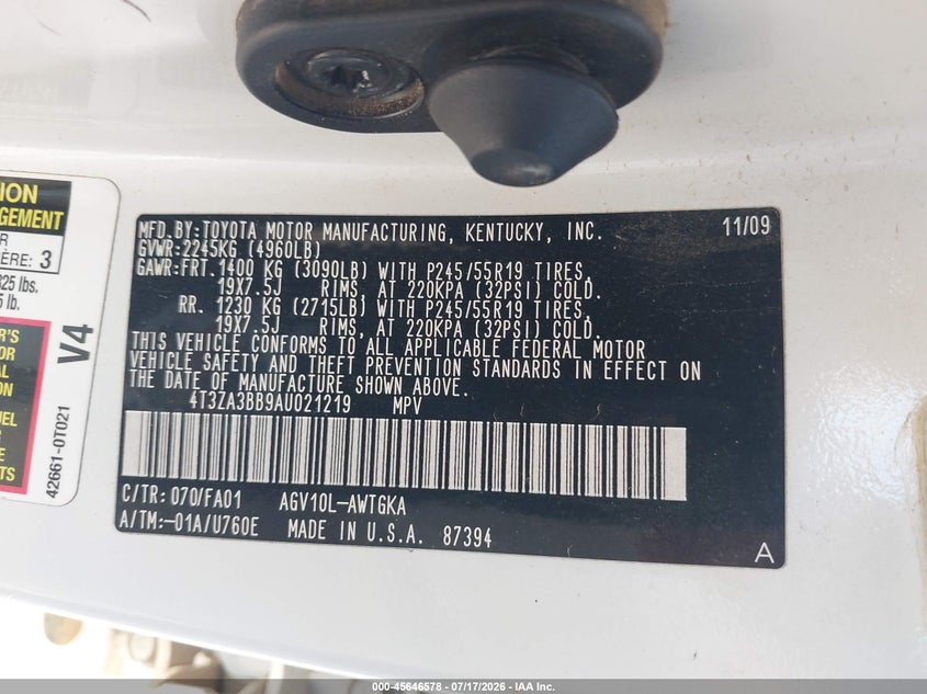 TOYOTA VENZA 2010 VIN 4T3ZA3BB9AU021219