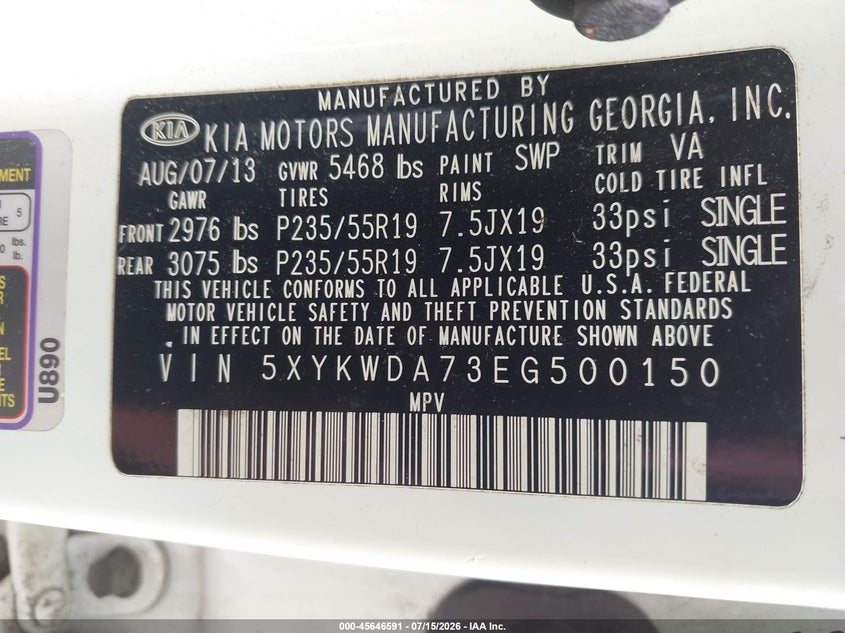 KIA SORENTO 2014 VIN 5XYKWDA73EG500150