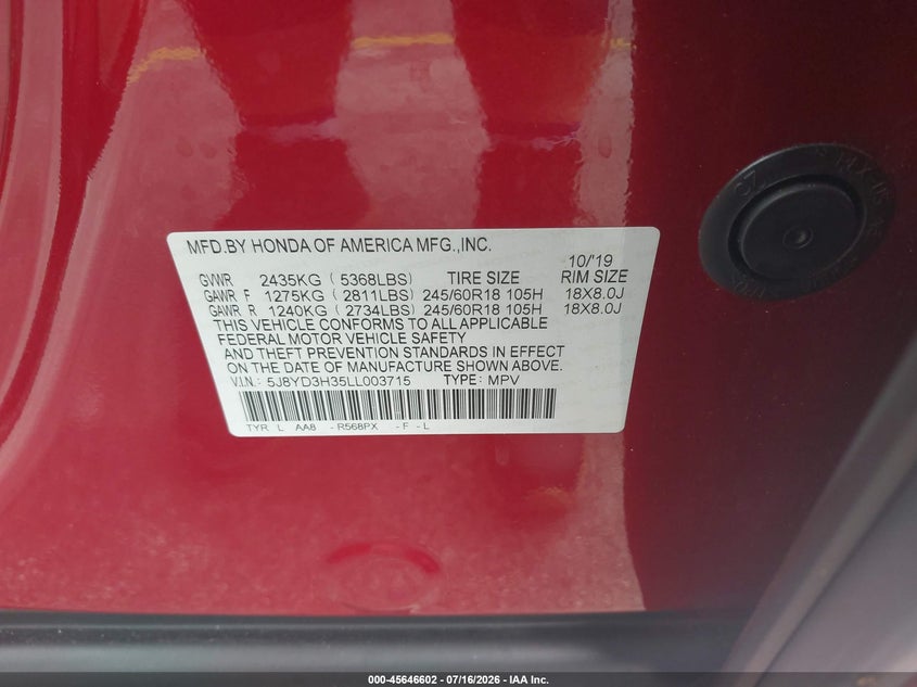 2020 Acura Mdx Standard VIN: 5J8YD3H35LL003715 Lot: 45646602