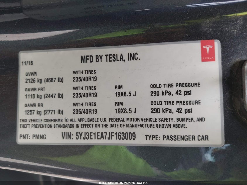 2018 Tesla Model 3 Long Range/Mid Range VIN: 5YJ3E1EA7JF163009 Lot: 45646603