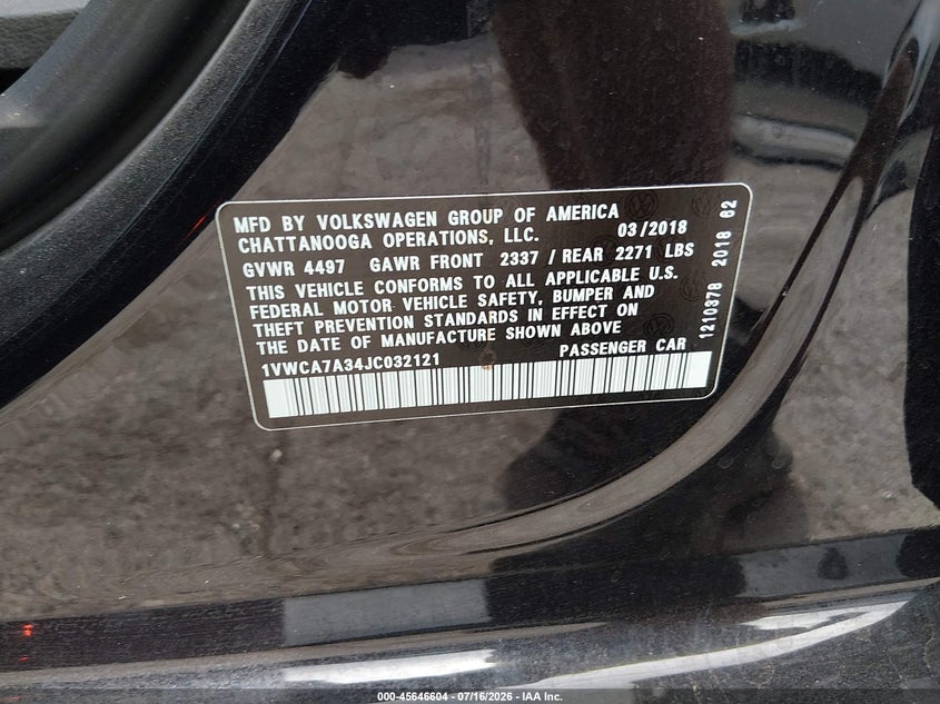 2018 Volkswagen Passat 2.0T Sel Premium VIN: 1VWCA7A34JC032121 Lot: 45646604