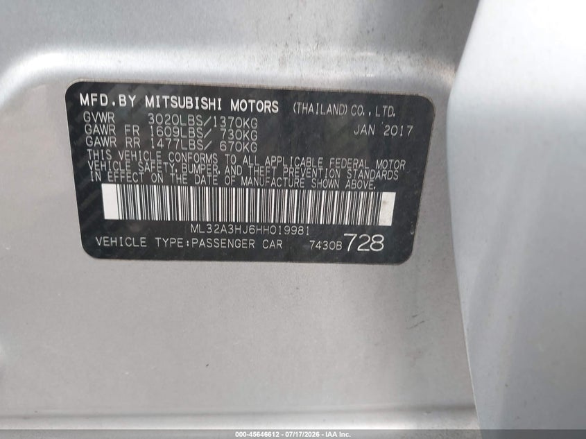 2017 Mitsubishi Mirage Es VIN: ML32A3HJ6HH019981 Lot: 45646612