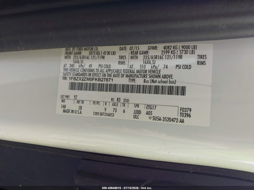 2015 Ford Transit-350 Xlt VIN: 1FBZX2ZM0FKB27871 Lot: 45646616
