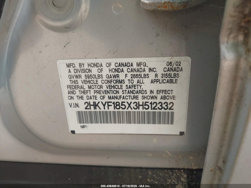 2003 Honda Pilot Ex-L VIN: 2HKYF185X3H512332 Lot: 45646618