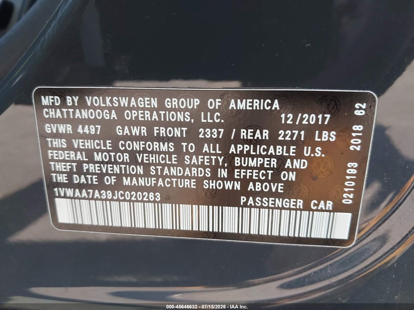 2018 Volkswagen Passat 2.0T R-Line/2.0T S VIN: 1VWAA7A39JC020263 Lot: 45646632