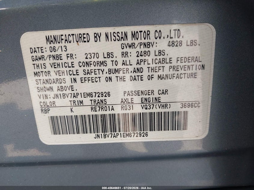 2014 Infiniti Q50 Sport VIN: JN1BV7AP1EM672926 Lot: 45646651