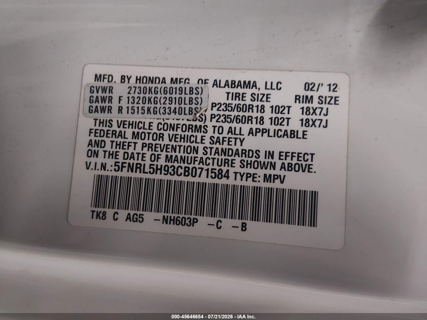 2012 Honda Odyssey Touring/Touring Elite VIN: 5FNRL5H93CB071584 Lot: 45646654