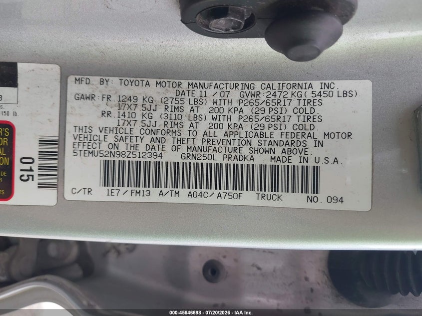 2008 Toyota Tacoma Base V6 VIN: 5TEMU52N98Z512394 Lot: 45646698