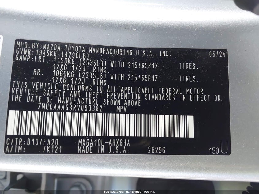 2024 Toyota Corolla Cross Le VIN: 7MUCAAAG3RV093382 Lot: 45646706
