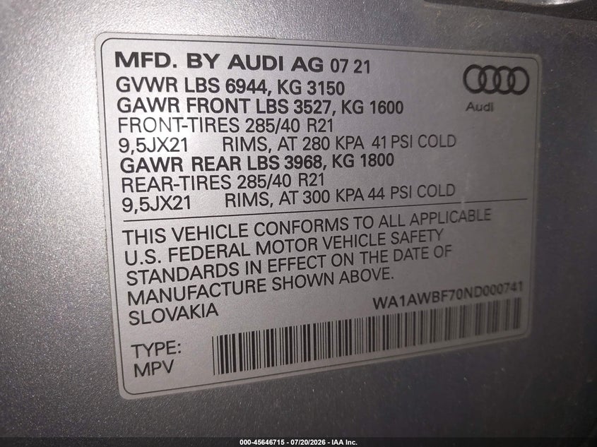 2022 Audi Sq7 Premium Plus Tfsi Quattro Tiptronic VIN: WA1AWBF70ND000741 Lot: 45646715