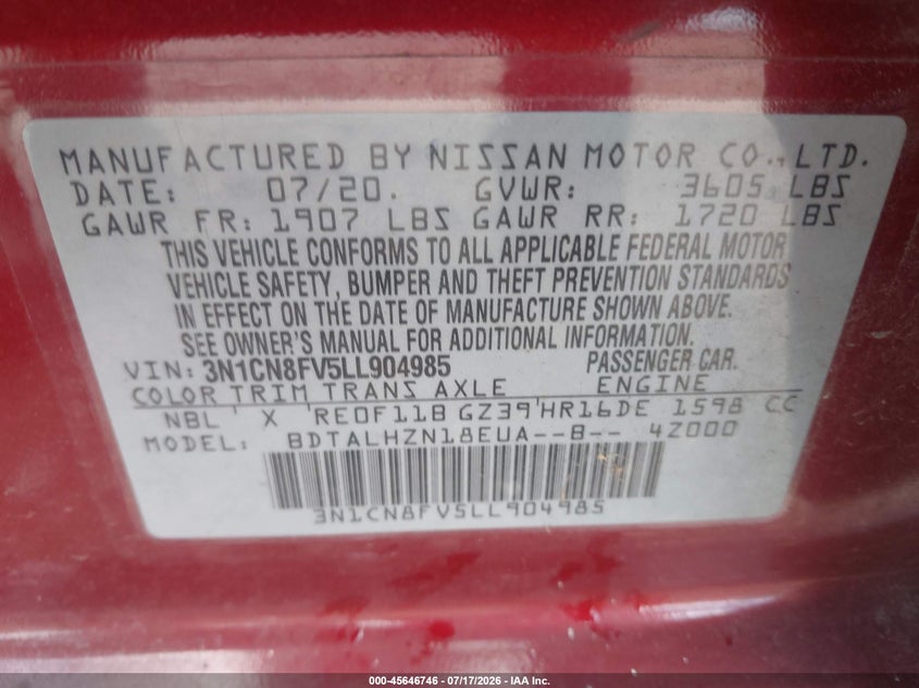 2020 Nissan Versa Sr Xtronic Cvt VIN: 3N1CN8FV5LL904985 Lot: 45646746