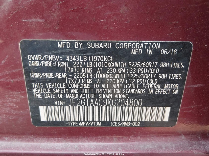 2019 Subaru Crosstrek 2.0I VIN: JF2GTAAC9KG204800 Lot: 45646763