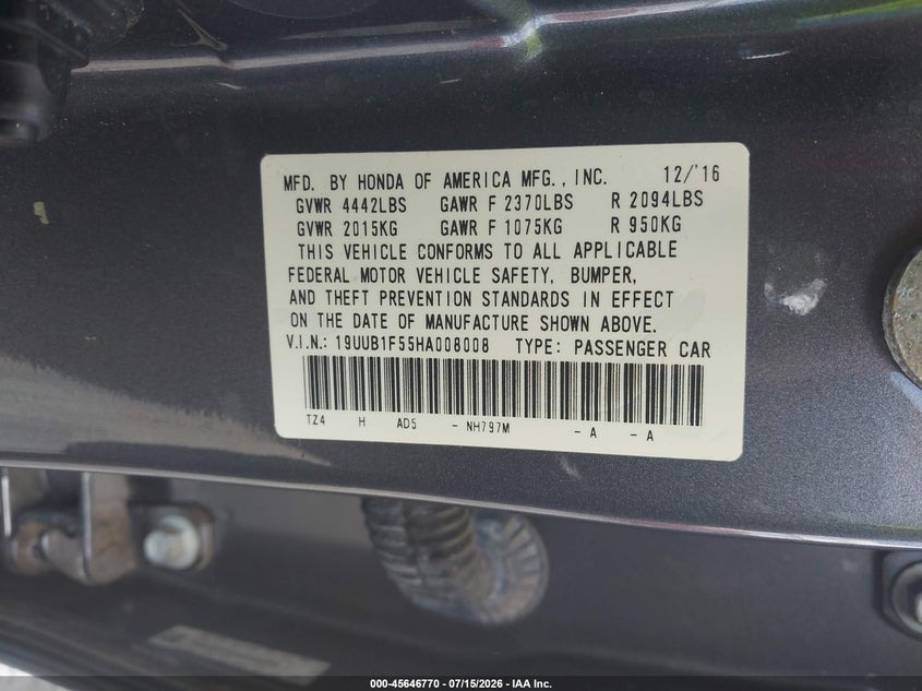 2017 Acura Tlx Technology Package VIN: 19UUB1F55HA008008 Lot: 45646770