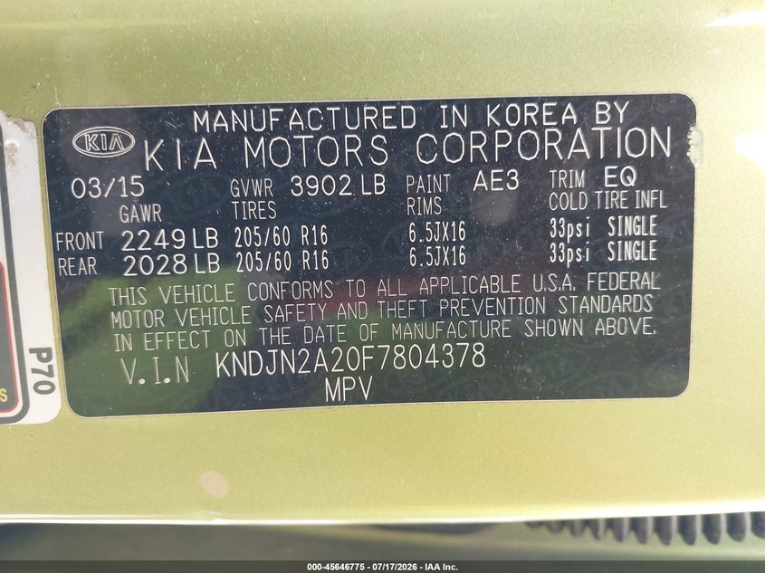 2015 Kia Soul VIN: KNDJN2A20F7804378 Lot: 45646775
