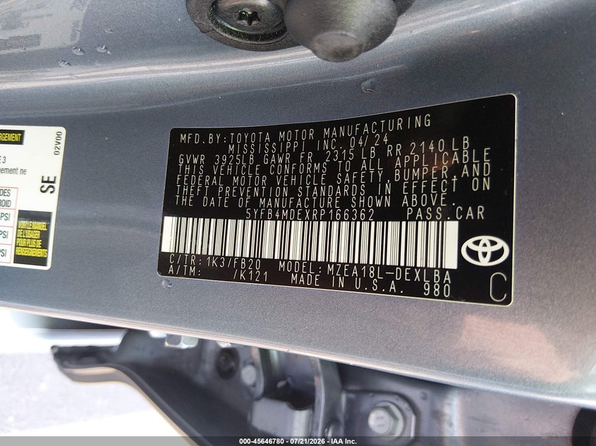 2024 Toyota Corolla Le VIN: 5YFB4MDEXRP166362 Lot: 45646780
