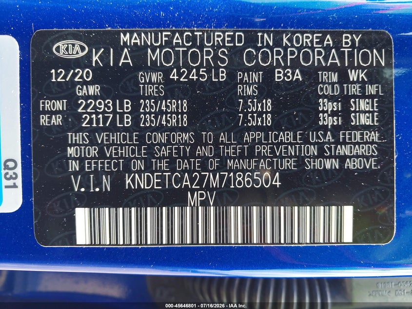 2021 Kia Seltos Sx Turbo VIN: KNDETCA27M7186504 Lot: 45646801