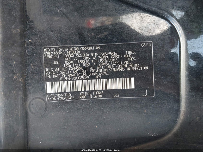 2013 Scion Xb VIN: JTLZE4FE8DJ035389 Lot: 45646803