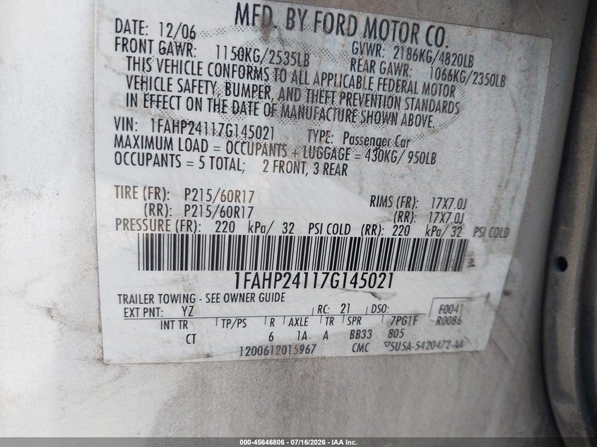 2007 Ford Five Hundred Sel VIN: 1FAHP24117G145021 Lot: 45646806